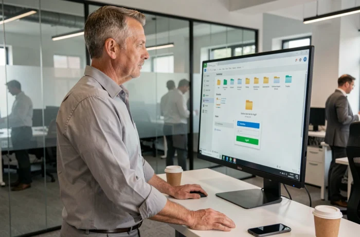 Homme accédant à un espace de stockage sécurisé de documents en ligne sur un écran professionnel