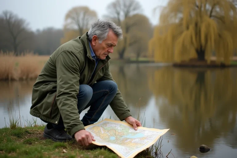 Homme étudiant un plan cadastral au bord d'un étang privé en milieu rural, avant l'achat du terrain