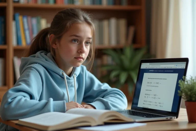 Adolescente faisant ses devoirs en ligne sur un ordinateur portable avec des manuels scolaires ouverts sur un bureau en bois