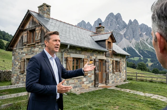 Agent immobilier présentant une ferme en pierre traditionnelle dans les Hautes-Pyrénées avec panorama montagneux