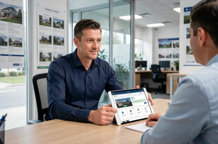 Agent immobilier présentant des offres de location sur une tablette à un client dans une agence moderne