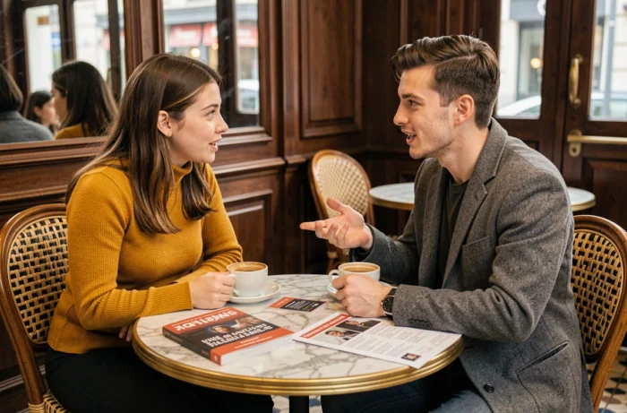 Deux amis passionnés de cinéma discutant de films classiques dans un café parisien avec des guides et programmes de festival
