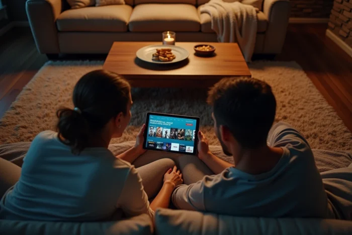 Deux amis regardant ensemble des options de streaming sur une tablette dans un salon détendu