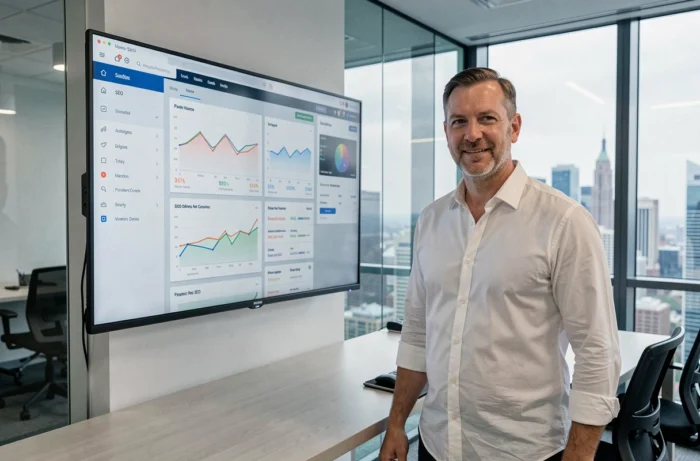 Entrepreneur analysant les performances et le référencement SEO de son site web sur un grand écran de bureau