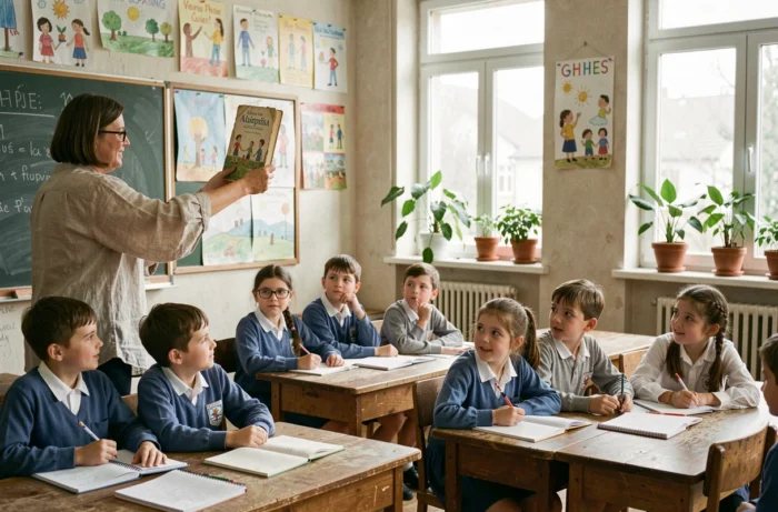 Enseignante présentant le roman Tistou les pouces verts à des élèves en classe pour une analyse littéraire jeunesse