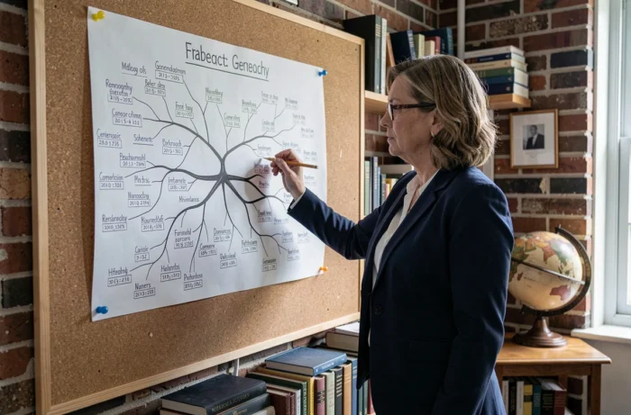 Femme analysant un arbre généalogique affiché sur un tableau pour vérifier des informations sur des origines familiales