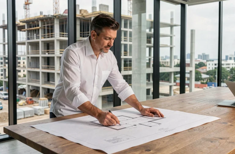 Architecte expérimenté examinant des plans de construction dans le bureau d'un promoteur immobilier neuf
