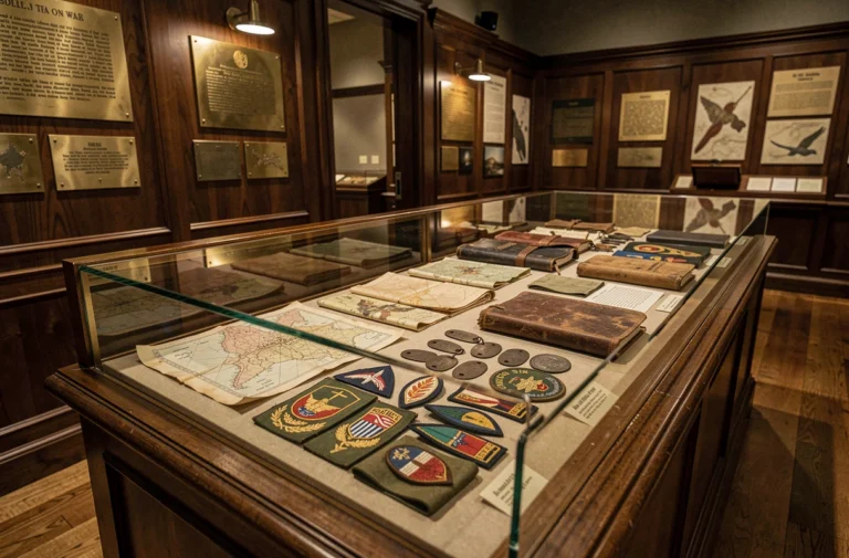 Vitrine de musée présentant des artefacts militaires de la Seconde Guerre mondiale incluant cartes, insignes et carnets de terrain