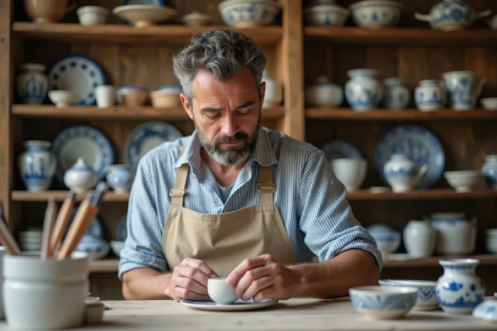 Artisan breton peignant une céramique artisanale dans un atelier côtier avec des étagères de poteries bleues et blanches