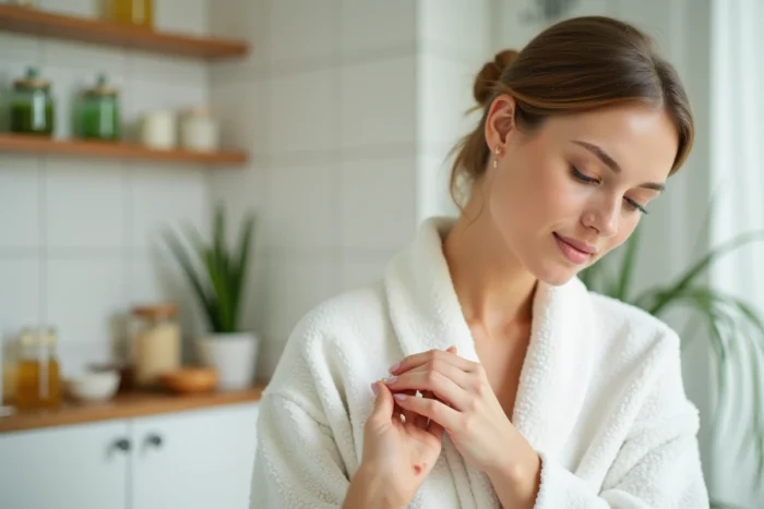 Femme appliquant du gel d'aloe vera naturel sur un grain de beauté sur son avant-bras dans une salle de bain aux tons naturels