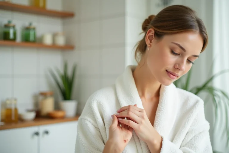 Femme appliquant du gel d'aloe vera naturel sur un grain de beauté sur son avant-bras dans une salle de bain aux tons naturels