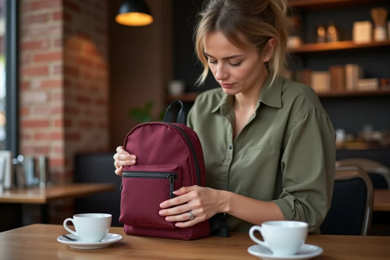 Femme examinant de près les coutures et la fermeture éclair d'un sac à dos Eastpak bordeaux pour détecter une contrefaçon