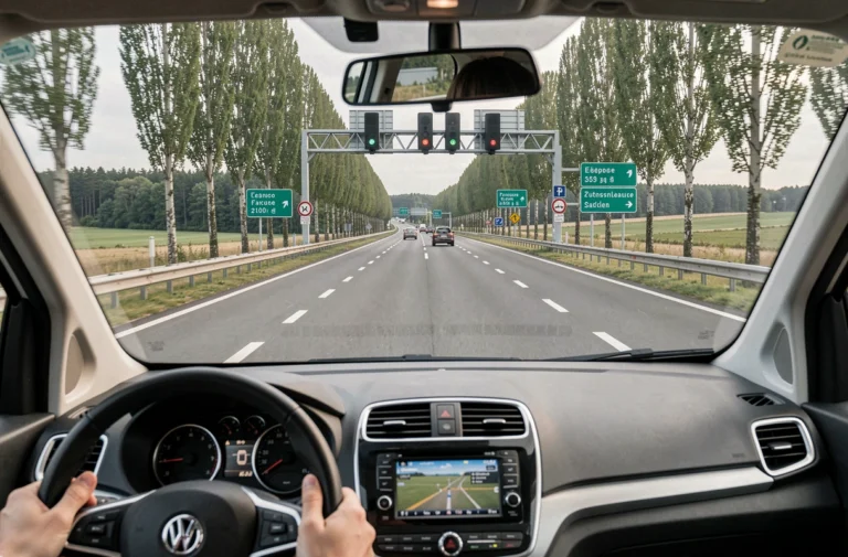Vue depuis l'intérieur d'une voiture sur une autoroute française avec péage électronique et paysage de campagne