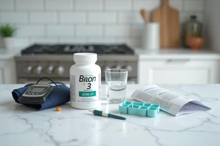 Tensiomètre, lecteur de glycémie et complément Bion 3 Senior sur un comptoir, symbolisant les contre-indications pour diabétiques et hypertendus