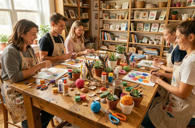 Table de bricolage créatif à la maison couverte de matériaux colorés pour adultes et enfants