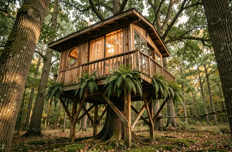 Cabane dans les arbres en bois suspendue dans une forêt de chênes avec balcon et pont de corde, hébergement insolite en pleine nature