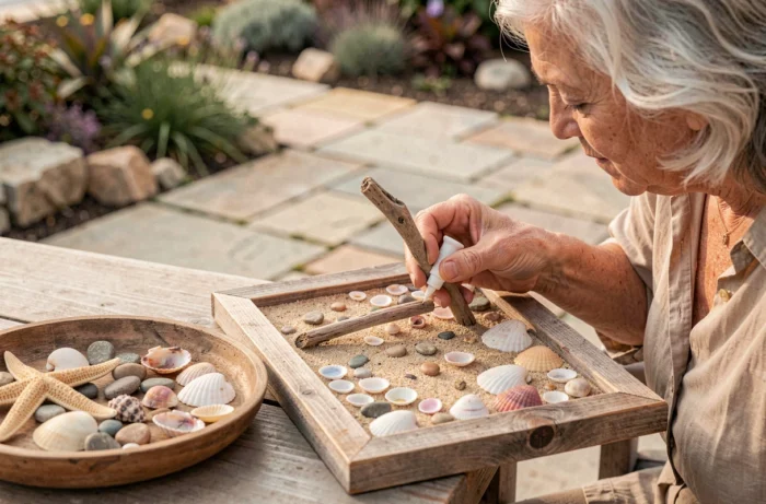 Femme âgée décorant un cadre en bois avec des coquillages et du bois flotté sur une terrasse