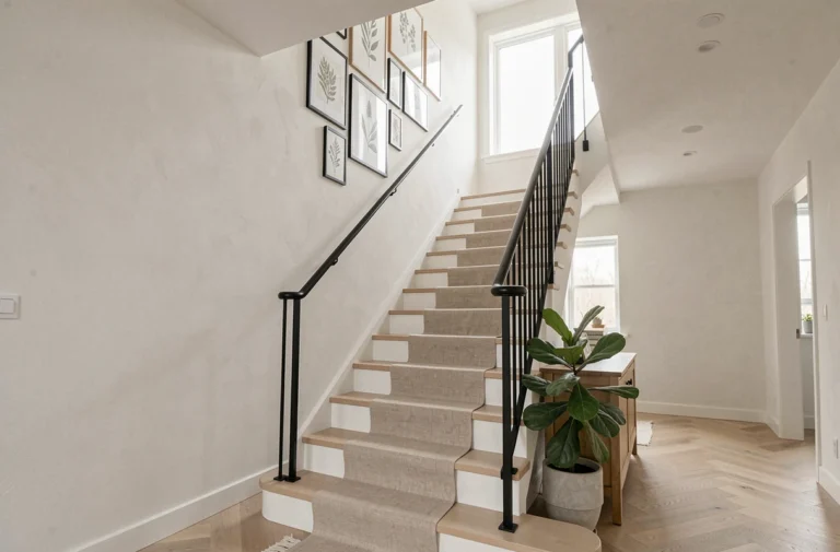 Cage d'escalier moderne style scandinave avec mur de cadres botaniques et rampe en métal noir