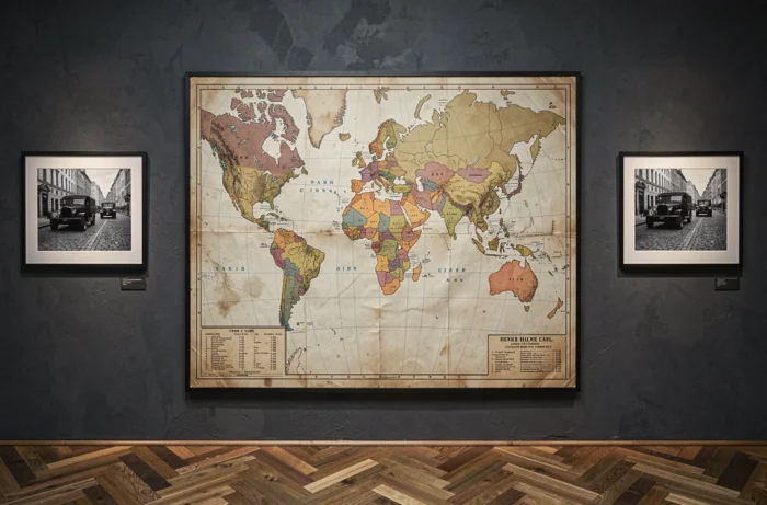 Carte mondiale des années 1940 encadrée montrant les territoires des forces de l'Axe et des Alliés lors de la Seconde Guerre mondiale dans une exposition documentaire