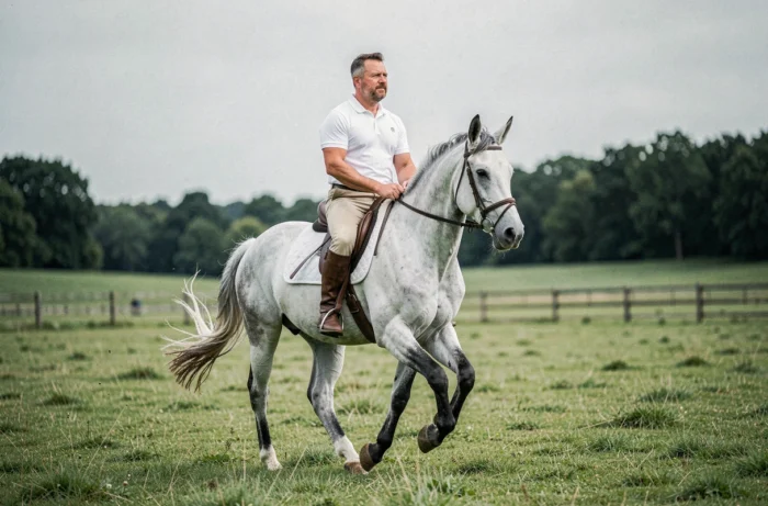 Cavalier en plein galop sur un cheval gris dans un pré verdoyant, montrant les bienfaits physiques et mentaux de l'équitation en plein air