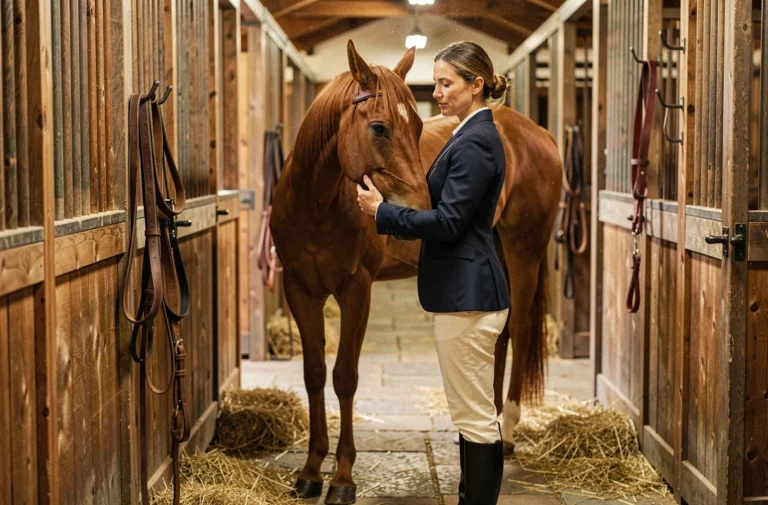 Cavalière en tenue d'équitation qui brosse son cheval alezan dans une écurie en bois, illustrant le lien et les bienfaits du bien-être équestre