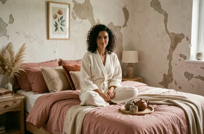 Femme en robe douillette assise sur un lit en lin rose dans une chambre cocooning aux tons neutres et chaleureux