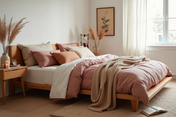 Chambre cocooning avec literie en lin superposée, plaid mohair et table de chevet en bois pour une atmosphère chaleureuse et apaisante