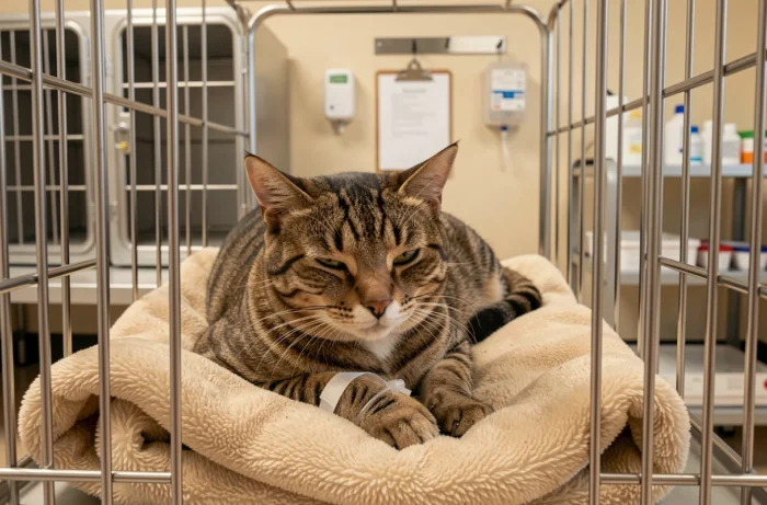 Chat en convalescence reposant dans une cage de récupération médicalisée dans une clinique vétérinaire la nuit