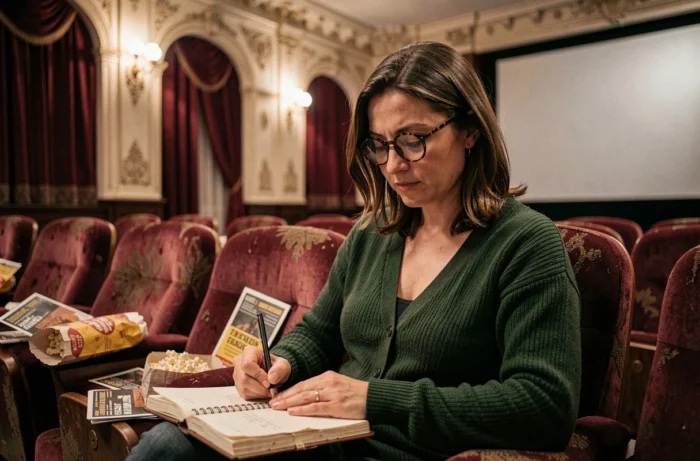 Cinéphile passionnée prenant des notes dans une salle de cinéma vintage aux fauteuils en velours rouge