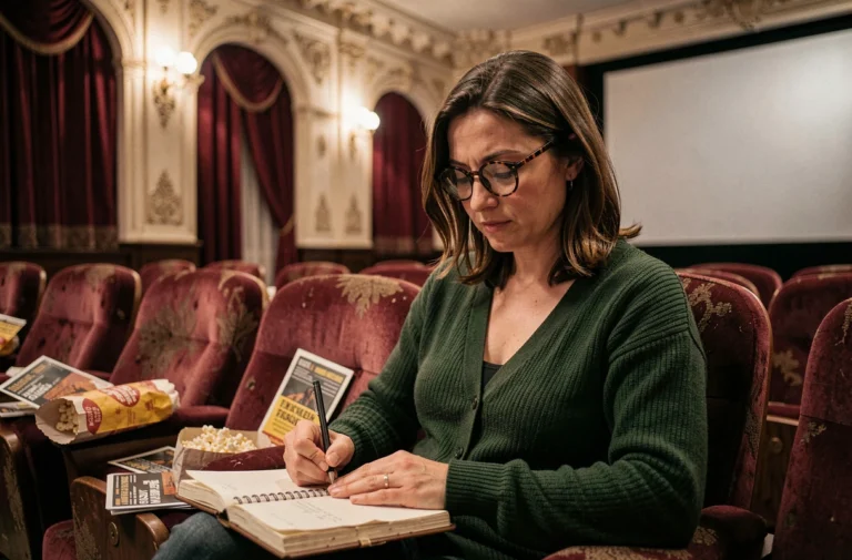 Cinéphile passionnée prenant des notes dans une salle de cinéma vintage aux fauteuils en velours rouge