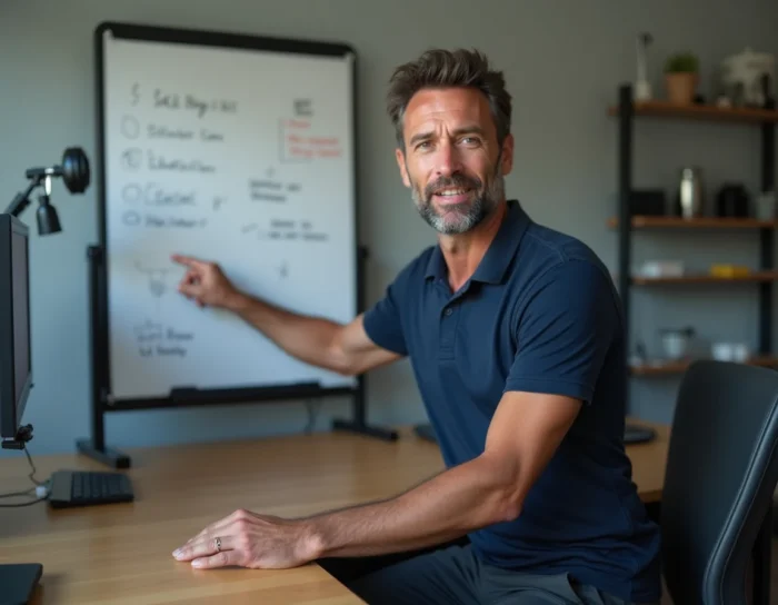Coach sportif en ligne masculin animant une session de coaching depuis son bureau à domicile avec tableau de programme d'entraînement
