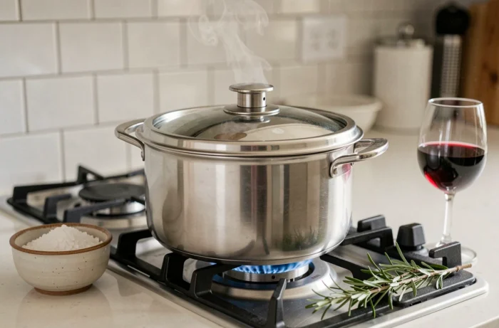 Cocotte minute en inox sur feu de gaz avec vapeur s'échappant pendant la cuisson de la langue de bœuf