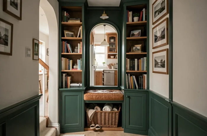 Coin lecture aménagé dans une alcôve avec bibliothèque verte, banquette en cuir et accessoires cosy pour transformer sa maison en cocon