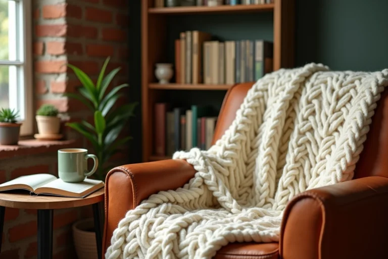 Coin salon chaleureux avec fauteuil en cuir, plaid en laine tricotée et tasse en céramique pour une atmosphère cocon à la maison