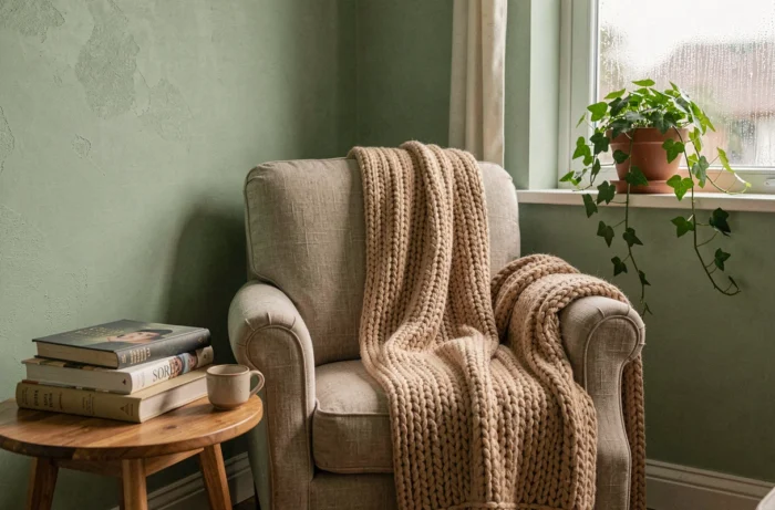 Coin salon cosy avec fauteuil en lin, plaid en laine et livres empilés pour créer une atmosphère douillette à la maison