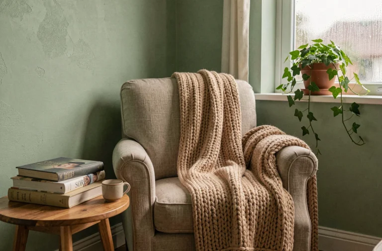 Coin salon cosy avec fauteuil en lin, plaid en laine et livres empilés pour créer une atmosphère douillette à la maison