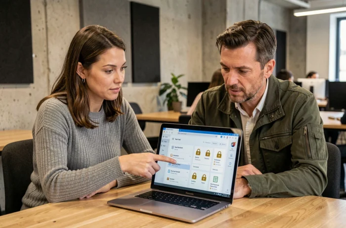 Deux collègues consultant un coffre-fort numérique sécurisé pour gérer des documents partagés dans un espace de coworking