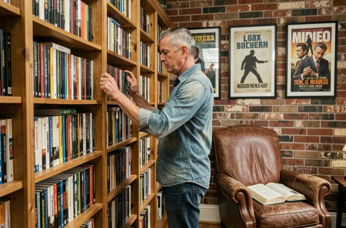 Homme passionné de cinéma organisant sa collection de films classiques dans une bibliothèque personnelle décorée d'affiches iconiques