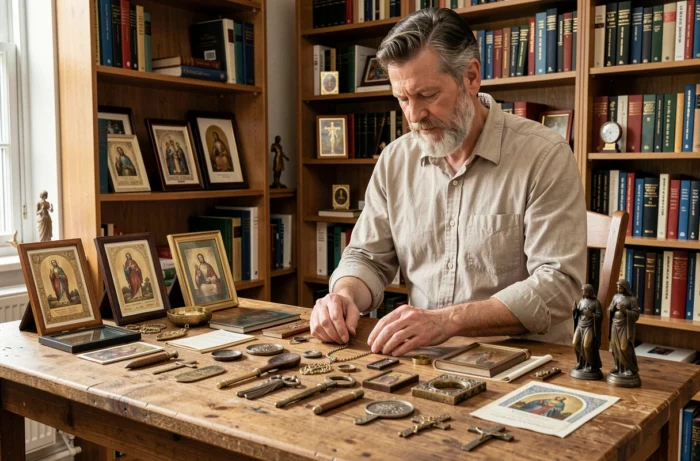 Collectionneur masculin arrangeant des reliques et icônes sacrées sur une table en chêne dans un bureau, hagietomamophilie