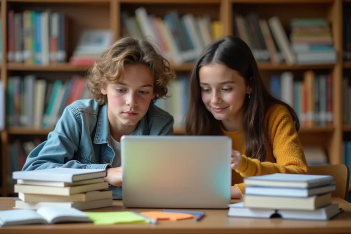 Deux adolescents collaborant sur des devoirs en ligne dans une bibliothèque entourés de livres et de cahiers