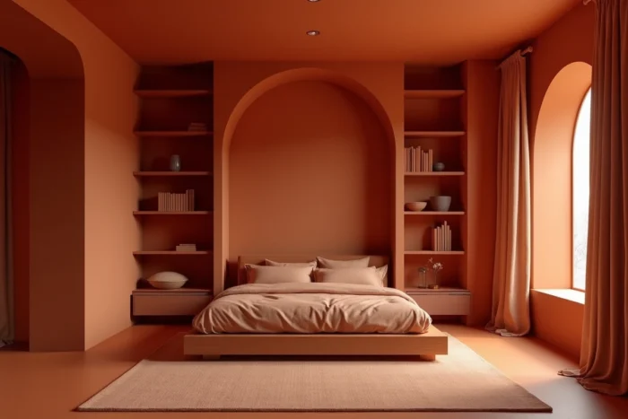 Chambre en color drenching total terracotta du sol au plafond avec rideaux et étagères assortis