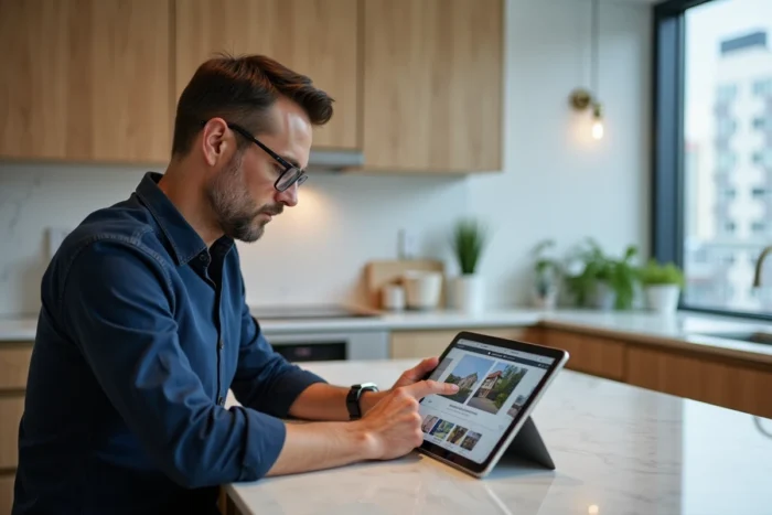 Homme consultant des annonces immobilières sur une tablette dans une cuisine moderne