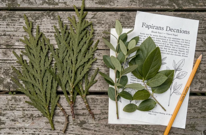 Comparaison de feuillage de thuya et d'espèces végétales alternatives disposées sur une table en bois pour identification botanique
