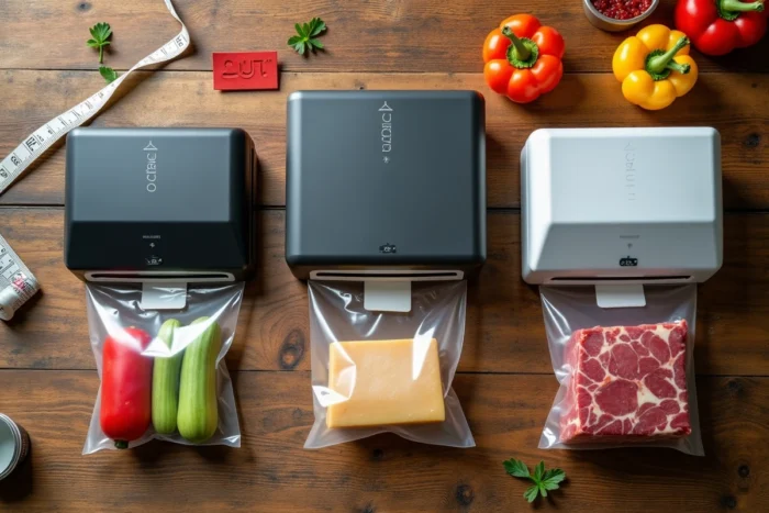 Comparaison de plusieurs machines sous vide posées sur une table en bois avec des aliments emballés sous vide