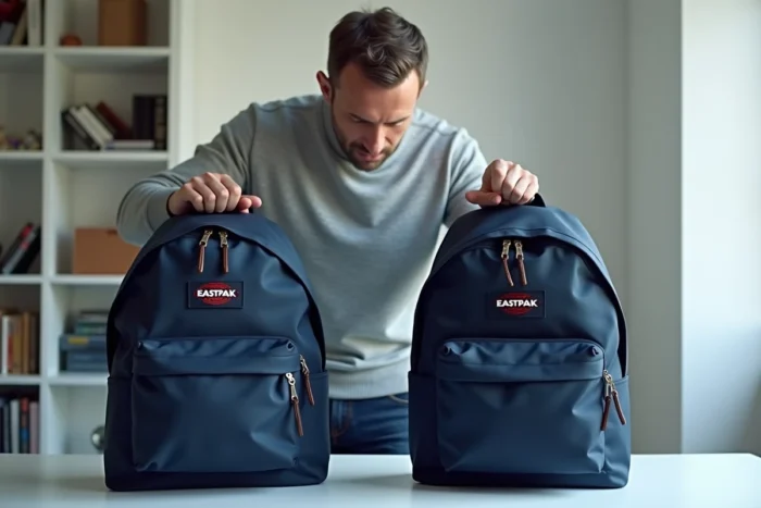 Homme comparant deux sacs à dos Eastpak côte à côte pour identifier un faux grâce à la loupe et aux étiquettes