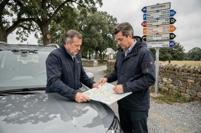 Homme consultant une carte routière papier à un arrêt sur une route nationale française avec panneau de signalisation