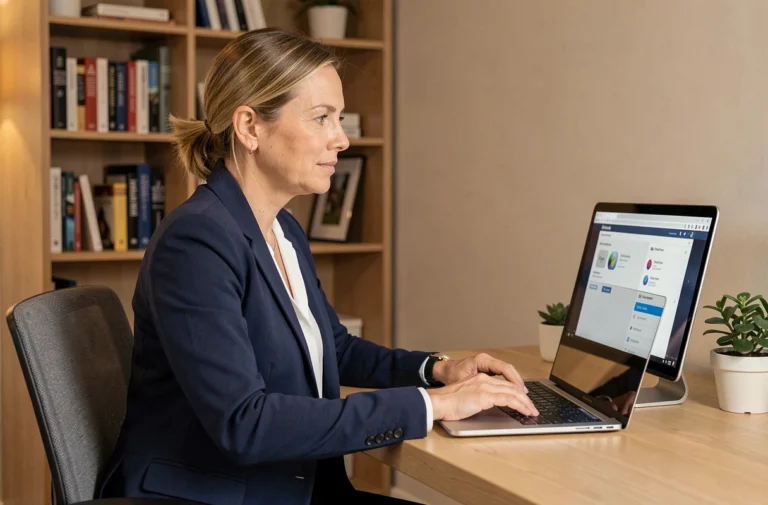 Femme utilisant un coffre-fort numérique sécurisé sur ordinateur portable dans un bureau à domicile