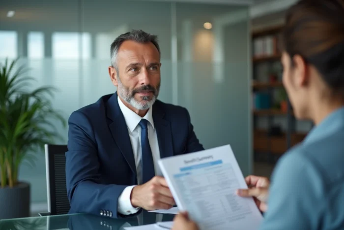 Conseiller financier expliquant les garanties d'une assurance vie décès à un client en bureau