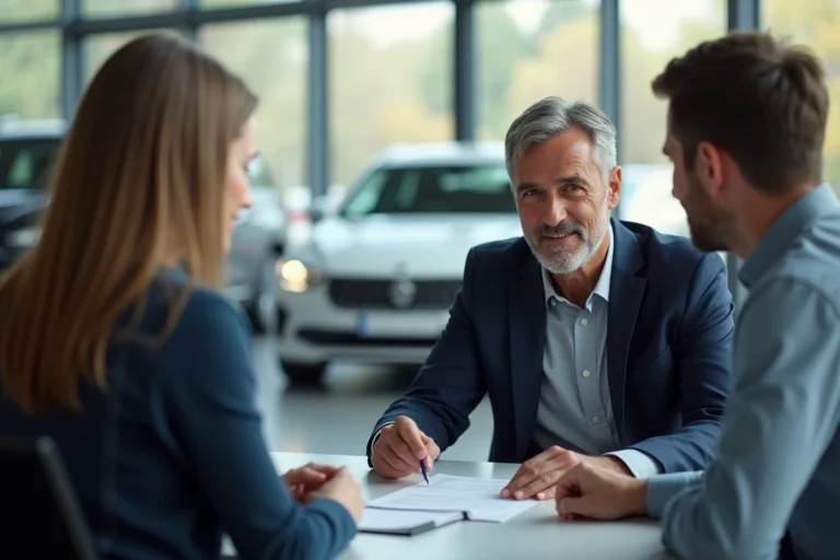 Conseiller automobile expliquant les options d'achat à un couple dans une concession moderne