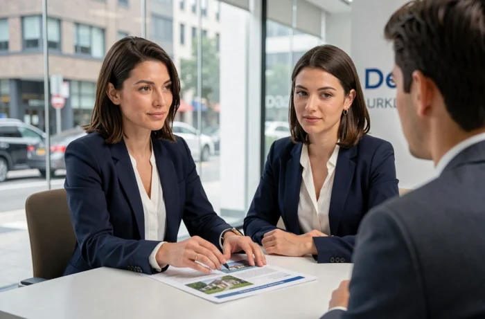 Conseillère immobilière présentant un rapport de propriété à un client dans une agence immobilière moderne avec vue urbaine